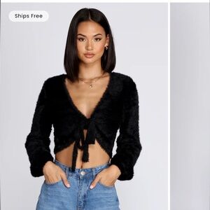 Dee Elly , Black Fuzzy Tie-Front Cardigan